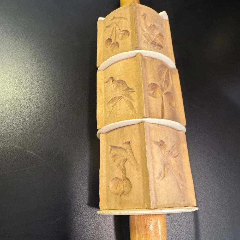 Decoration Only Springerle Rolling Pin Brown Wood Carved Bird Fruit Fish